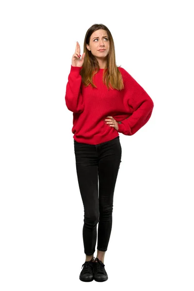 Full Length Shot Young Woman Red Sweater Fingers Crossing Wishing — Stock Photo, Image
