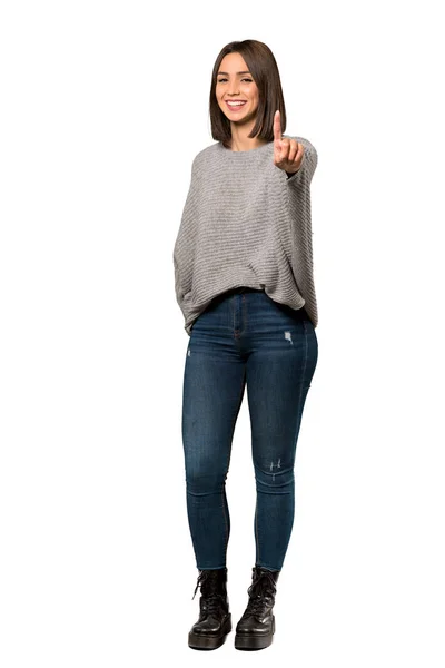 Full Length Shot Young Woman Showing Lifting Finger Isolated White — Stock Photo, Image