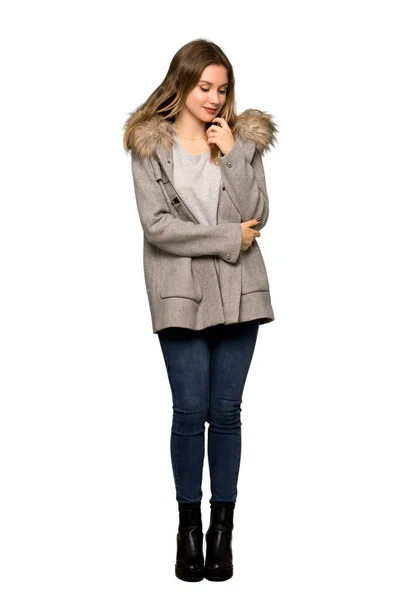 Full Length Shot Teenager Girl Coat Looking Hand Chin Isolated — Stock Photo, Image