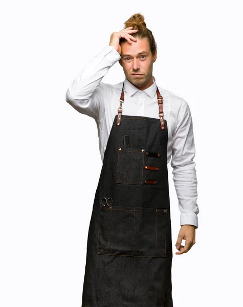 Barber Man Apron Expression Frustration Understanding Isolated Background — Stock Photo, Image