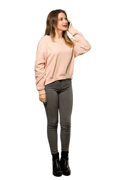 Uma Foto Completa Uma Adolescente Com Suéter Rosa Mantendo Uma — Fotografia de Stock