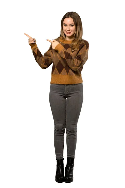 Full Length Shot Teenager Girl Brown Sweater Pointing Finger Side — Stock Photo, Image