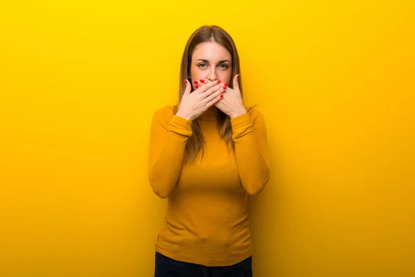 Young Woman Yellow Background Covering Mouth Hands Saying Something Inappropriate — Stock Photo, Image