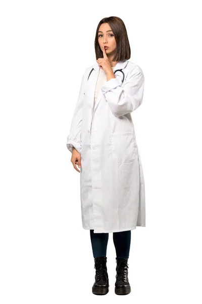 Uma Foto Completa Uma Jovem Médica Mostrando Sinal Gesto Silêncio — Fotografia de Stock