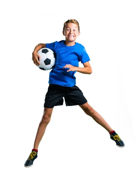 Een Full Length Schot Van Jongen Voetballen Springen Geïsoleerde Witte — Stockfoto