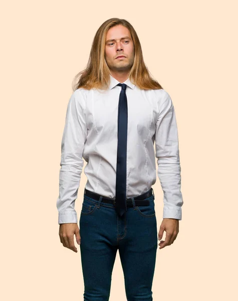 Blond Businessman Long Hair Feeling Upset Isolated Background — Stock Photo, Image