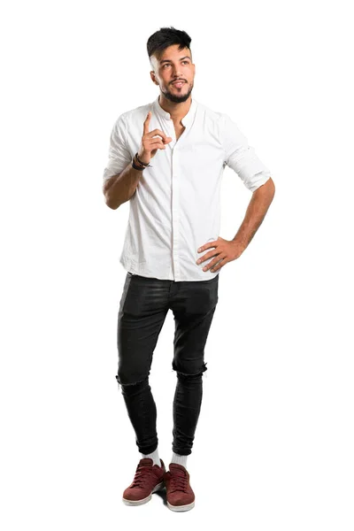 Uma Foto Completa Jovem Árabe Com Camisa Branca Pensando Uma — Fotografia de Stock