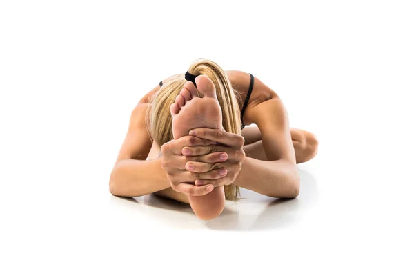 Young Blonde Woman Maillot Practicing Yoga Lesson — Stock Photo, Image