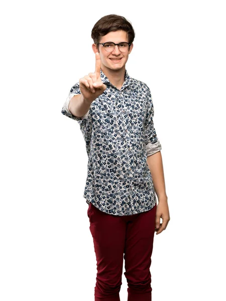 Подросток Цветочной Рубашке Очках Показывает Поднимает Палец Изолированном Белом Фоне — стоковое фото