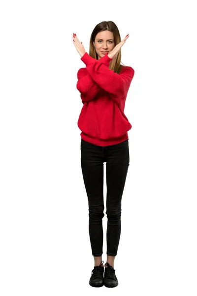 Pełnej Długości Strzał Młoda Kobieta Czerwony Sweter Nie Gest Białym — Zdjęcie stockowe