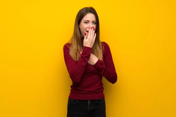 Woman Turtleneck Yellow Wall Suffering Cough Feeling Bad — Stock Photo, Image