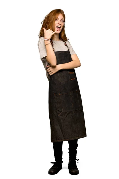 Full Length Shot Young Redhead Woman Apron Making Phone Gesture — Stock Photo, Image