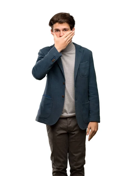 Teenager Mann Mit Rollkragen Der Mund Mit Händen Bedeckt Weil — Stockfoto