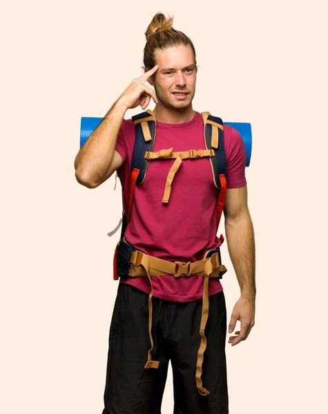 Hiker Man Mountain Backpacker Making Gesture Madness Putting Finger Head — Stock Photo, Image