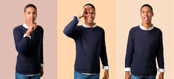 Uppsättning Unga Afrikanska Amerikansk Man Gör Roliga Och Galna Ansikte — Stockfoto
