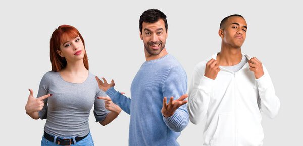 Group of three friends proud and self-satisfied in love yourself concept