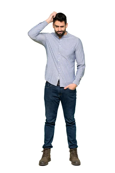 Tiro Completo Homem Elegante Com Camisa Com Dúvidas Coçar Cabeça — Fotografia de Stock