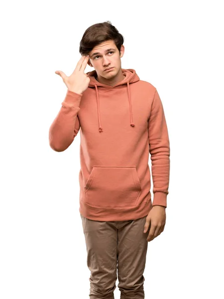 Adolescente Homem Com Camisola Com Problemas Fazendo Gesto Suicídio Sobre — Fotografia de Stock