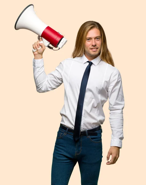 Blond Businessman Long Hair Holding Megaphone Isolated Background — Stock Photo, Image