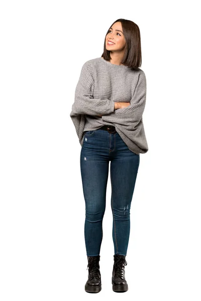 Full Length Shot Young Woman Looking While Smiling Isolated White — Stock Photo, Image