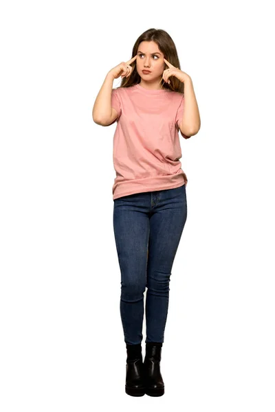 Full Length Shot Teenager Girl Pink Sweater Having Doubts While — Stock Photo, Image