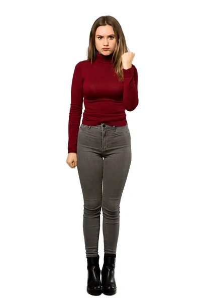 Full Length Shot Teenager Girl Turtleneck Angry Gesture Isolated White — Stock Photo, Image