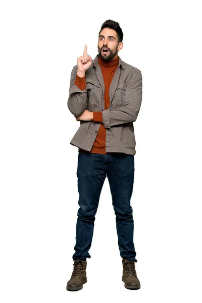 Повнометражний Знімок Красивого Чоловіка Бородою Думаючи Ідея Спрямовує Палець Вгору — стокове фото