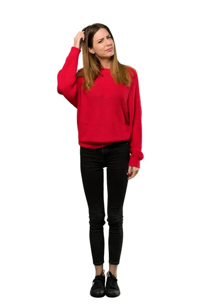 Full Length Shot Young Woman Red Sweater Having Doubts While — Stock Photo, Image