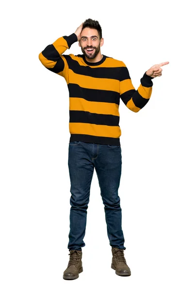 Full Length Shot Handsome Man Striped Sweater Pointing Finger Side — Stock Photo, Image