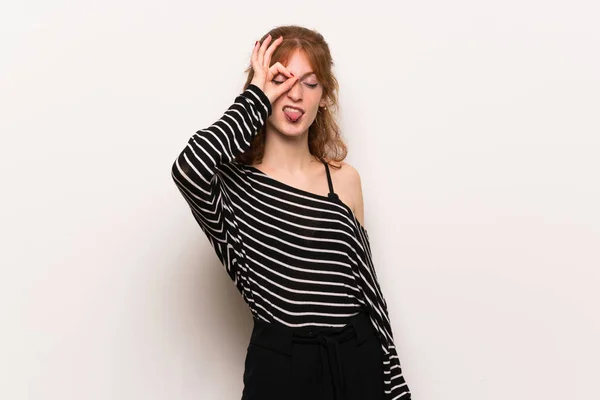 Young Redhead Woman White Wall Makes Funny Crazy Face Emotion — Stock Photo, Image