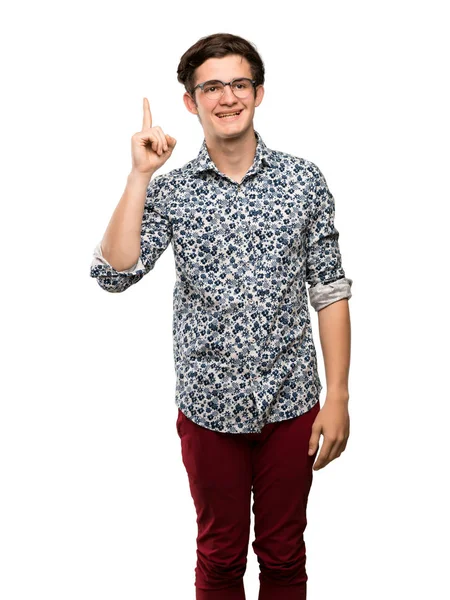 Подросток Цветочной Рубашке Очках Намереваясь Реализовать Решение Поднимая Палец Изолированном — стоковое фото