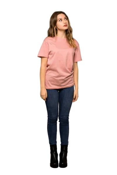 Full Length Shot Teenager Girl Pink Sweater Looking Hand Chin — Stock Photo, Image