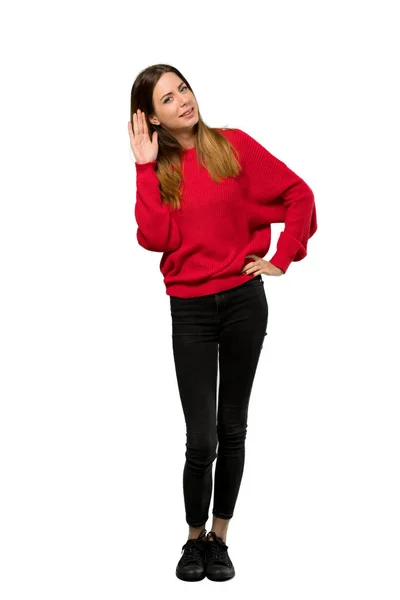 Eine Ganzkörperaufnahme Einer Jungen Frau Mit Rotem Pullover Die Etwas — Stockfoto