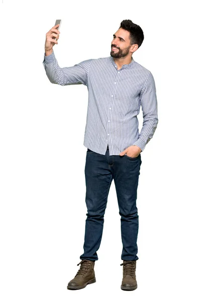 Full Length Shot Elegant Man Shirt Making Selfie Isolated White — Stock Photo, Image