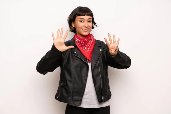 Woman Leather Jacket Handkerchief Counting Nine Fingers — Stock Photo, Image