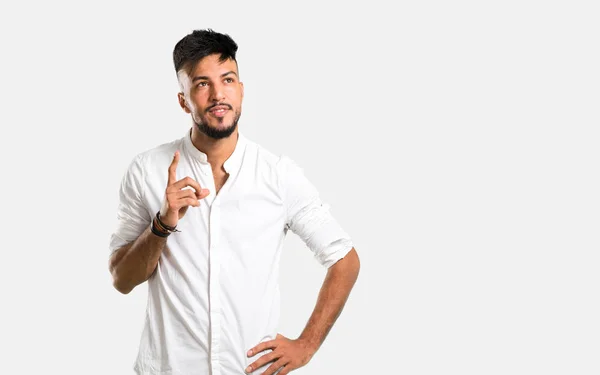 Arabic Young Man White Shirt Standing Thinking Idea Grey Background — Stock Photo, Image
