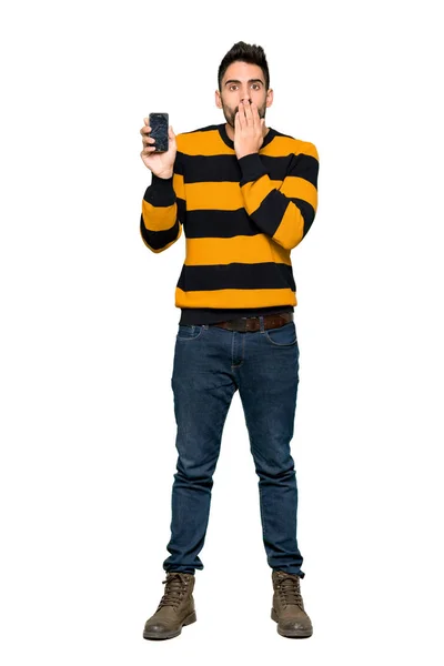 Full Length Shot Handsome Man Striped Sweater Troubled Holding Broken — Stock Photo, Image