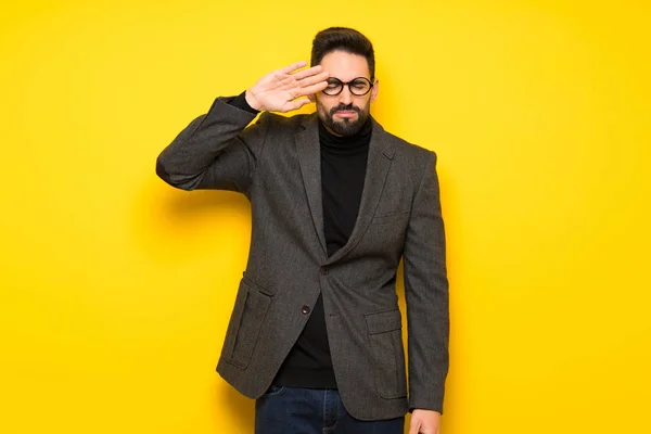 Beau Homme Avec Des Lunettes Expression Fatiguée Malade — Photo