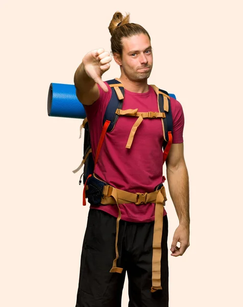 Hiker Man Mountain Backpacker Showing Thumb Sign Negative Expression Isolated — Stock Photo, Image