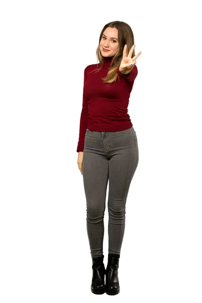 Full Length Shot Teenager Girl Turtleneck Happy Counting Three Fingers — Stock Photo, Image