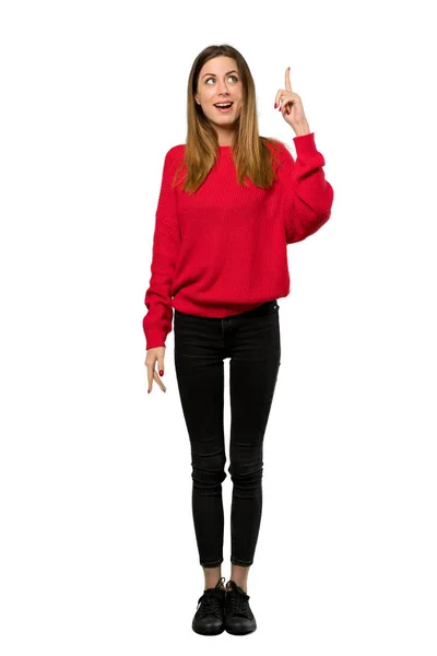 Full Length Shot Young Woman Red Sweater Intending Realizes Solution — Stock Photo, Image