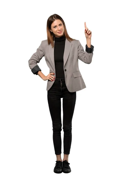 Uma Foto Completa Uma Mulher Negócios Mostrando Levantando Dedo Sinal — Fotografia de Stock