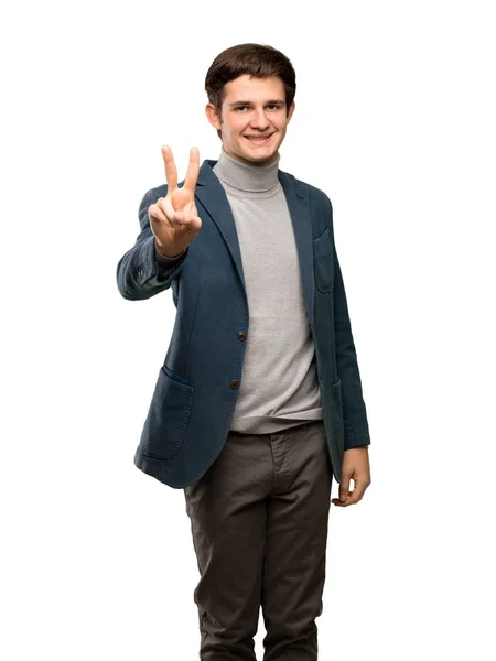 Hombre Adolescente Con Cuello Alto Sonriendo Mostrando Signo Victoria Sobre — Foto de Stock