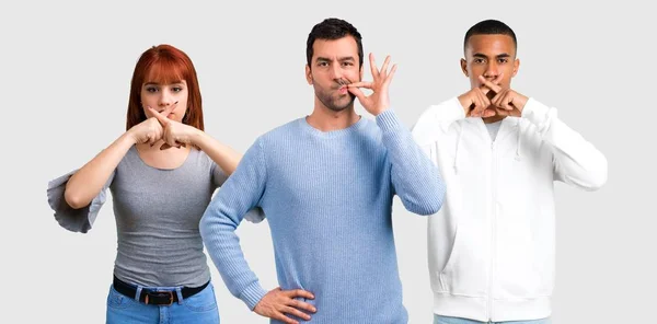 Group Three Friends Showing Sign Closing Mouth Silence Gesture — Stock Photo, Image