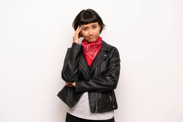 Woman Leather Jacket Handkerchief Having Doubts — Stock Photo, Image