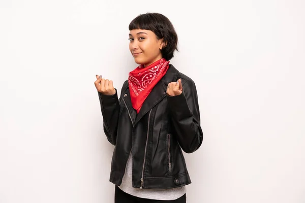 Young Woman Short Hair Making Money Gesture — Stock Photo, Image