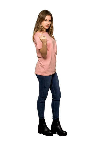 Eine Ganzkörperaufnahme Eines Teenagermädchens Mit Rosa Pullover Das Auf Isoliertem — Stockfoto