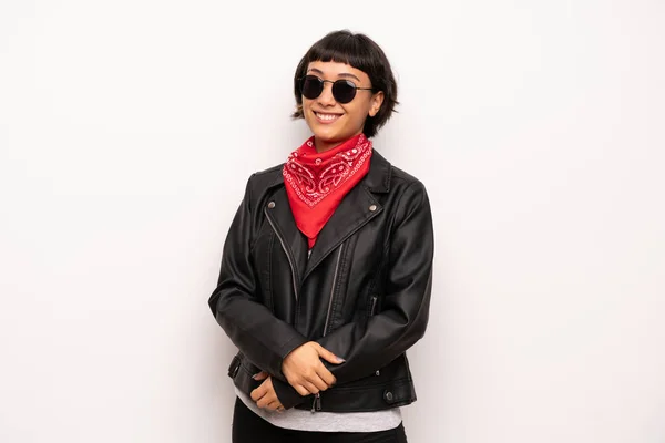 Woman with leather jacket and handkerchief with glasses and happy