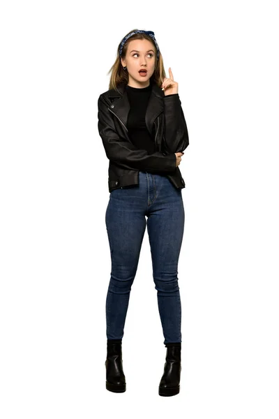Uma Foto Completa Uma Adolescente Com Jaqueta Couro Pensando Uma — Fotografia de Stock