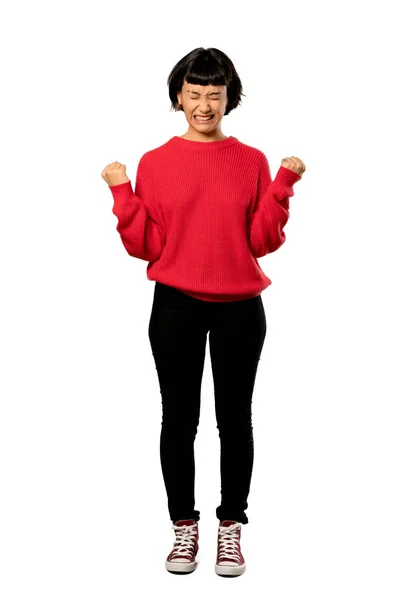 Full Length Shot Una Ragazza Capelli Corti Con Maglione Rosso — Foto Stock